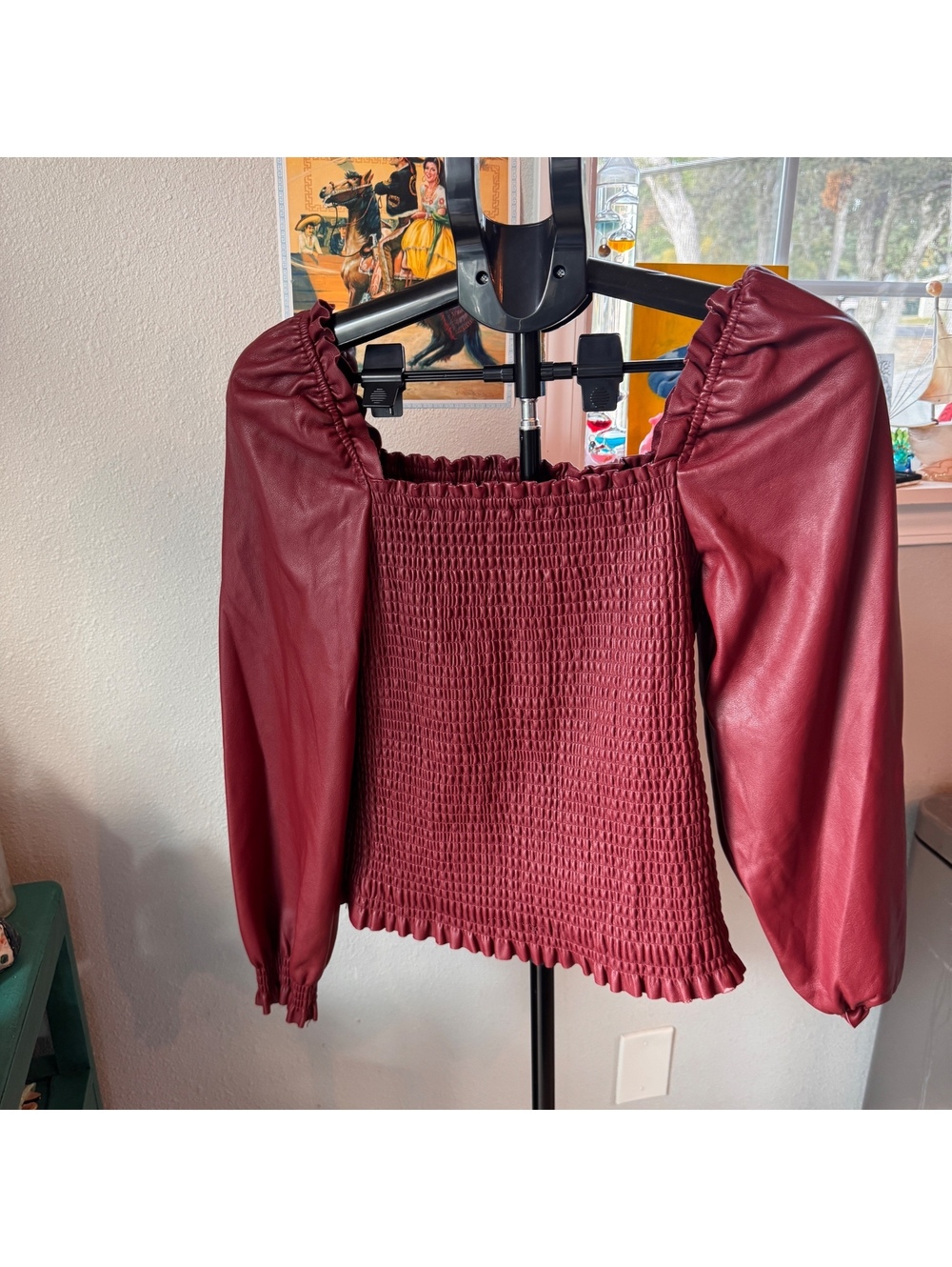 Marc Burgundy Faux Leather Puff Sleeve Smocked Top Medium